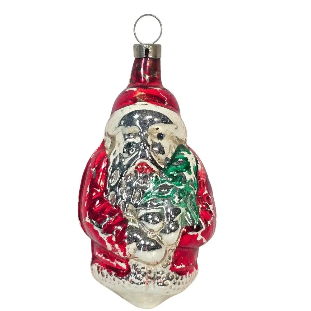 Vintage Czech Santa Glass Ornament Christmas 1950s Mercury Glass Figural Xmas 3